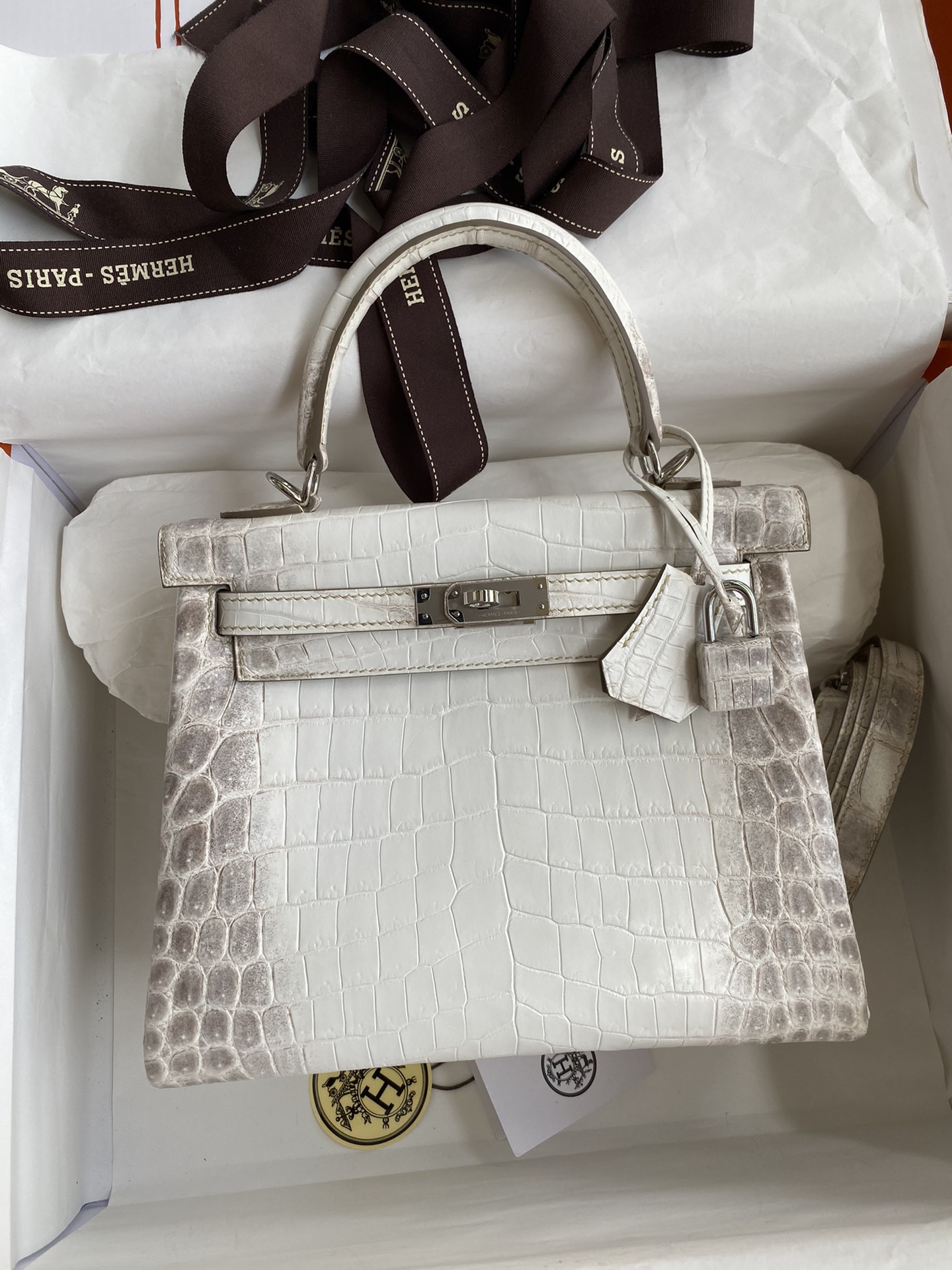 Hermes Kelly Retourne 25cm Handmade Bag In Himalayan Crocodile Niloticus Leather